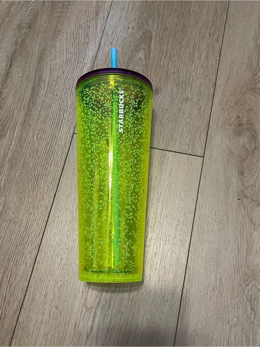 Starbucks Neon Yellow Bubble Tumbler with Blue Straw and Purple Lid